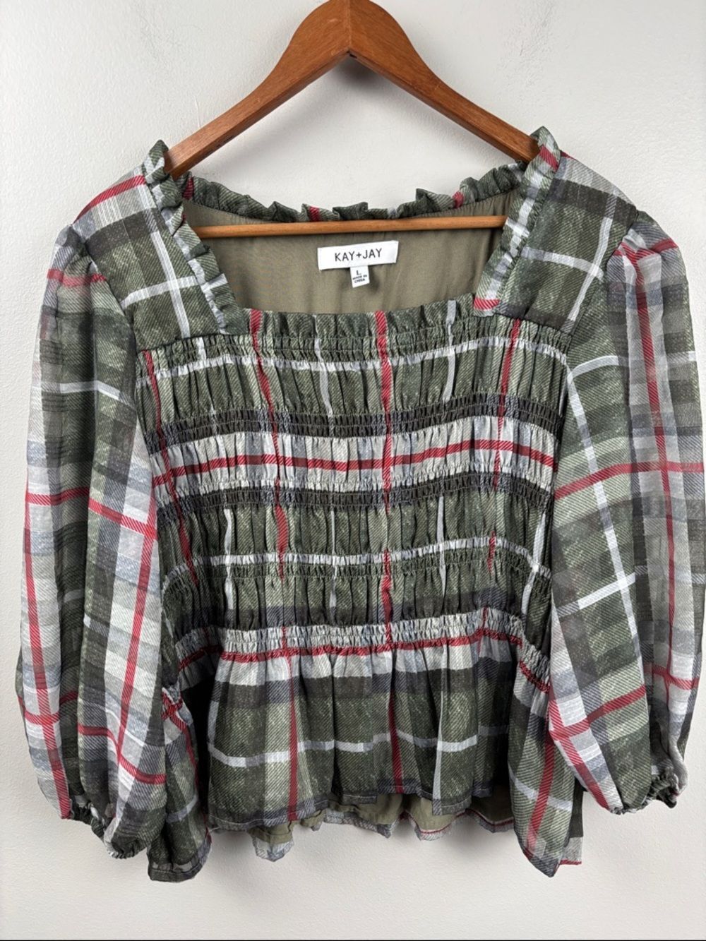 Kay+Jay Olive Plaid Smocked Square-Neck Blouse cropped short stretch Large
